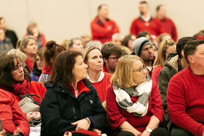 Teachers and support staff wore red to show support for rolling back health care costs and better representing support staff. (Photo by Jennifer Peacock)