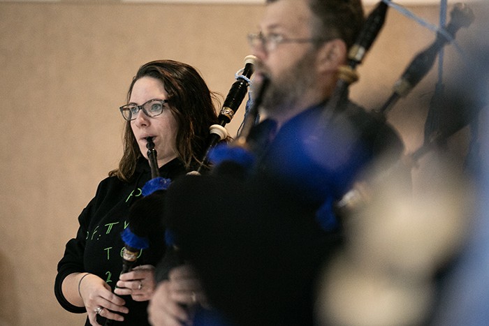 Pipe Sergeant Jennifer Daley, of Toms River, practices with Pipes & Drums band members. She’s a music teacher in the Brick Township School District. (Photo by Jennifer Peacock)