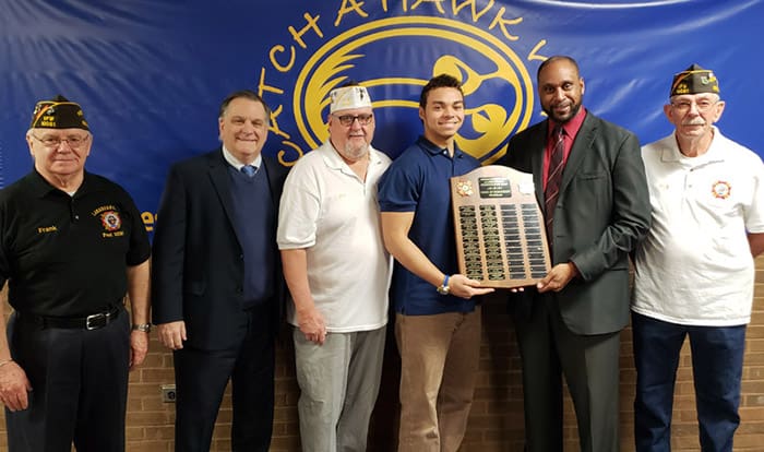 From left to right, L-R: VFW Trustee Frank Stack, Superintendent David Trethaway, VFW Commander Joe Whelan, Andrew, Principal Dennis Adams, VFW Trustee Ray Gibson. (Photo courtesy Manchester Township School District)