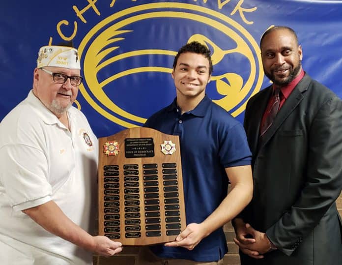 VFW Commander Joe Whelan, Andrew Dodd, MTHS Principal Dennis Adams. (Photo courtesy Manchester Township School District)