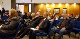 A crowded audience is seen listening to one of many speakers on the subject of anti-Semitism during a Township Council meeting. (Photo by Bob Vosseller)