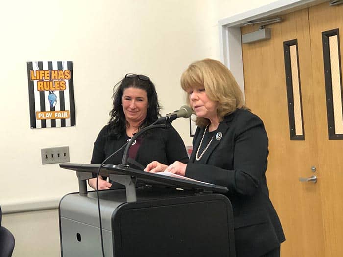 Board President Stephanie Wohlrab (left) and Director of Planning, Research and Evaluation Susan McNamara announced that the district has received NJEA grants for $10,000 and an additional $2,000 for Lake Riviera Middle School. The grants will be used to broaden students' knowledge of sustainability efforts. (Photo by Judy Smestad-Nunn)