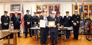 Mayor Kelaher presented Ex-Chief and current Fire Police Richard (Dick) Beck, Badge Number 37, with a certificate recognizing him for 60 years of faithful and continuous service to Toms River Fire Company #1. (Photo courtesy Toms River Township)