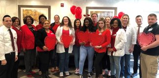 Staff at Willow Springs Rehabilitation & Healthcare Center went “red for women” to celebrate cardiac health awareness recently. (Photo courtesy Willow Springs)