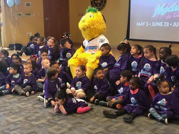 The BlueClaws mascot Buster modeled the new Medusas logo, showing off some of the new team’s gear. (Photo by Kimberly Bosco)