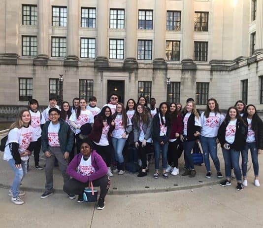 High School North students, donning their Save Our Schools t-shirts, gather outside the statehouse annex prior to the March 20, 2019 Assembly Budget Committee Hearing. (Photo courtesy Toms River Regional School District)
