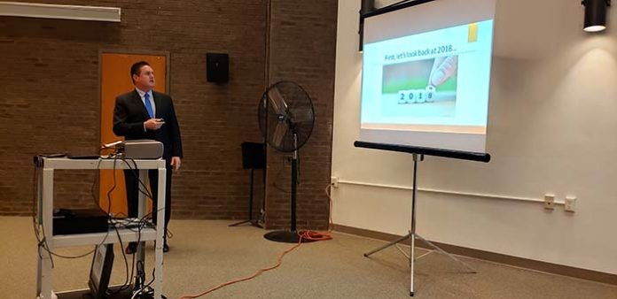 Business Administrator Terence M. Wall presents a PowerPoint Presentation during a recent Jackson council meeting where the 2019 municipal budget was unveiled. (Photo by Bob Vosseller)