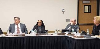 Superintendent Stephen Genco, left, joins Board President John Burnetsky, and board members Sharon Dey, Michael Walsh, Tara Rivera and Gus Acevedo in a discussion about the district’s tentative spending plan. (Photo by Bob Vosseller)