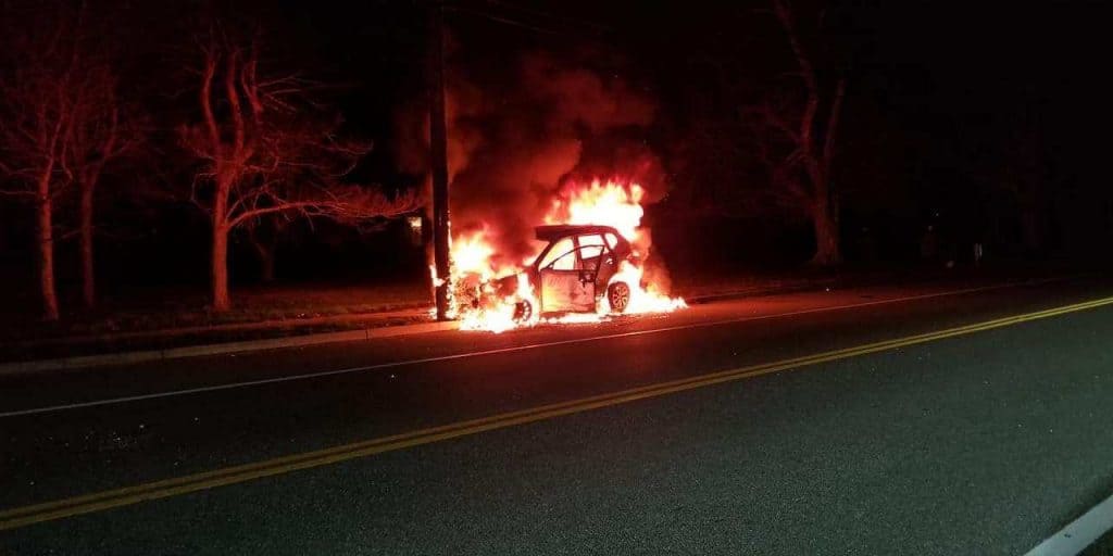 The car erupted into flames after hitting the pole. (Photo courtesy Pleasant Plains Vol. Fire Department)