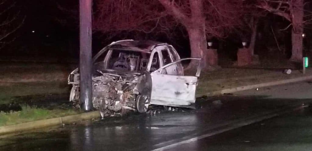 The car erupted into flames after hitting the pole. (Photo courtesy Pleasant Plains Vol. Fire Department)