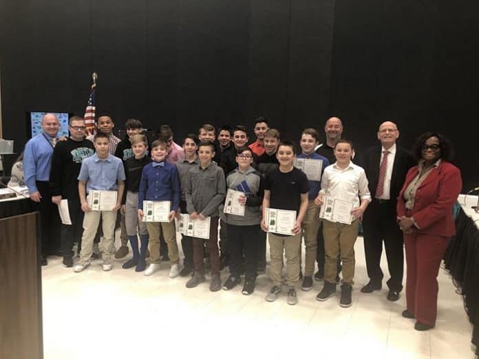 Middle School North’s wrestling team was honored for becoming Wrestling Division Champions. (Photo courtesy Howell Township Schools)