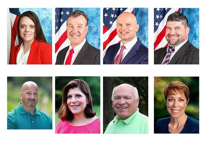 Top Row, left to right: Republicans Vicki Chadwick, Jim Fozman, Max Flores and Neil Napolitano. Bottom row, left to right, Democrats Vincent Minichino, Lisa Crate, Art Halloran and Andrea Zapcic, (Photos courtesy the candidates)