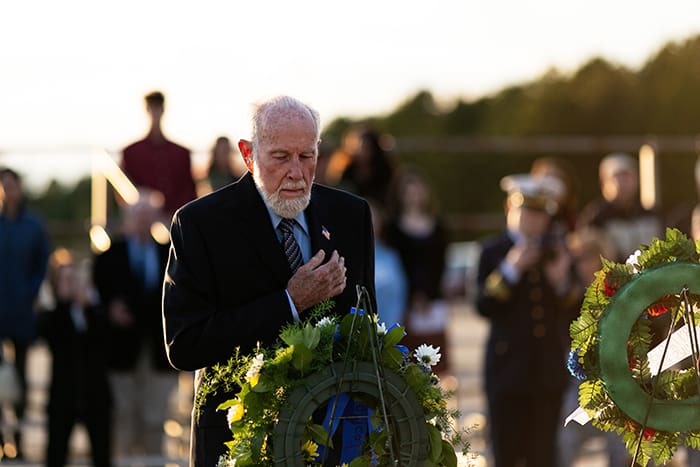 George Oglesby, Lakehurst Borough Historical Society president, presents the wreath on behalf of the society to remember those who died in the Hindenburg disaster, but also those men and women lost in Iraq and Afghanistan. (Photo by Jennifer Peacock)