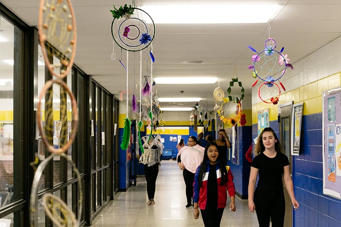 Dreamcatchers lined the hall outside the high school cafeteria. (Photo by Jennifer Peacock)
