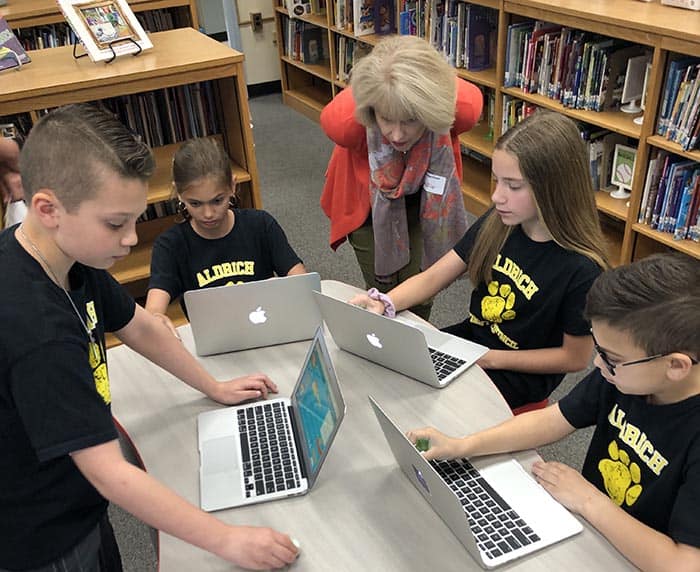 Students and staff explore hands-on alternatives to lectures in the new model classroom space at Aldrich Elementary.  (Photo courtesy Andrew Smith)