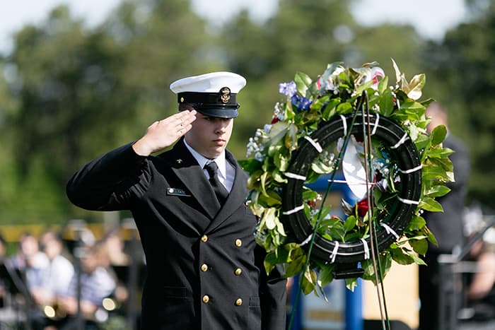 Wreaths were presented for three military members from Manchester High School who lost their lives serving their country: Ronald Kubik, Nicholas Ott and Matthew Zegan. (Photo by Jennifer Peacock)