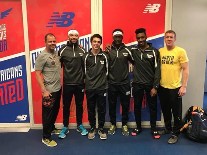 Toms River High School North celebrates its sixth place finish in the shuttle hurdles relay (30.80) for All-America honors at the 2018 New Balance Indoor Nationals at the New Balance Indoor Track and Field Center in New York City. From left to right are head coach Jack Boylan, Andrew Daniluk, Kenny Warner, Abdlohe Diawara, Emeron Mayers and assistant coach Mike Barrett. (Photo courtesy of the Toms River High School North)