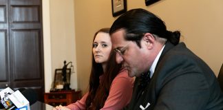 Ashley Stanfield and her attorney Robert Fuggi faced room of reporters Friday afternoon. (Photo by Jennifer Peacock)