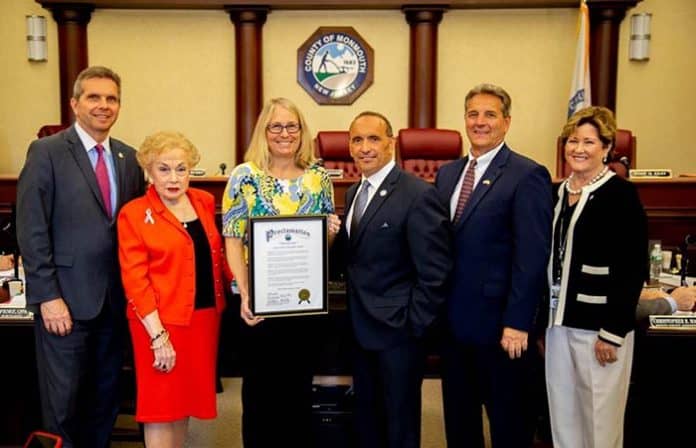 Left to right: Freeholder Gerry P. Scharfenberger, Ph.D., Freeholder Lillian G. Burry, Kristen Gillette, Freeholder Director Thomas A. Arnone, Freeholder Deputy Director Patrick Impreveduto and Freeholder Susan M. Kiley. (Photo courtesy Monmouth County)