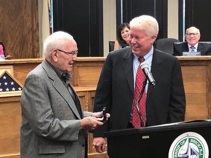Mayor John G. Ducey honored Brick resident of over 30 years, Tom Kaczmarek, with a key to the city and a proclamation. Kaczmarek has served as a boxing judge for many notable fights, including Sugar Ray Leonard vs. Tommy Hearns II, Evander Holyfield vs. George Foreman, Lennox Lewis vs. Vitaly Klitschko and Oscar De La Hoya vs. Floyd Mayweather. He was also inducted into the NJ Boxing Hall of Fame recently in Atlantic City, which the mayor attended. (Photo by Judy Smestad-Nunn)