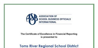 The school district was recently awarded the Certificate of Excellence in Financial Reporting (COE) for the fifth time by The Association of School Business Officials International (ASBO). (Photo courtesy Toms River Regional School District)