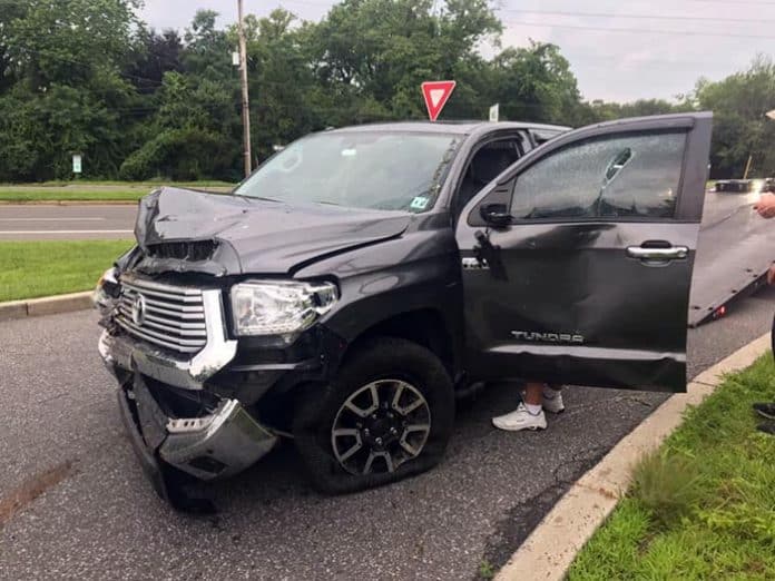 Toms River police, corroborated with witness accounts, state that a Board of Education member accidentally ran his truck off the road after pursuing someone who cut him off. (Photo courtesy Dan Leonard)