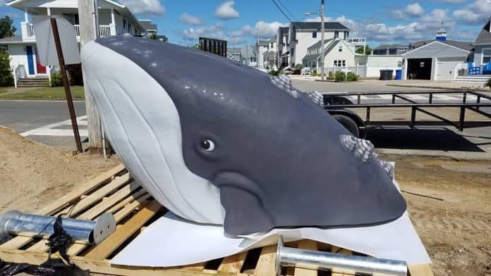 Part of the renovations to the Jennifer Lane Bay Beach included the installation of Jenny, a giant fiberglass whale that kids can climb and play on. (Photo courtesy Stafford Township)